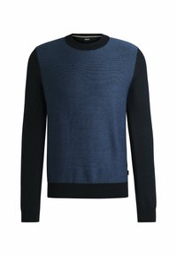 Marineblauer und schwarzer Pullover mit Fischgrätmuster auf der Vorderseite, Rundhalsausschnitt und langen Ärmeln. Weicher Stoff und taillierte Passform.