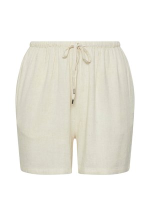 Pantalones cortos de lino en beige claro con cinturilla elástica y cordón ajustable. Textura suave con un corte relajado y sin bolsillos.