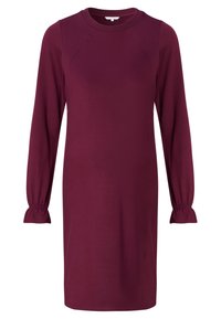 Bordové šaty s dlouhými rukávy, žebrovaným kulatým výstřihem a nařasenými manžetami na zápěstí. Vyrobené z hladké, elastické látky se jednoduchým designem.