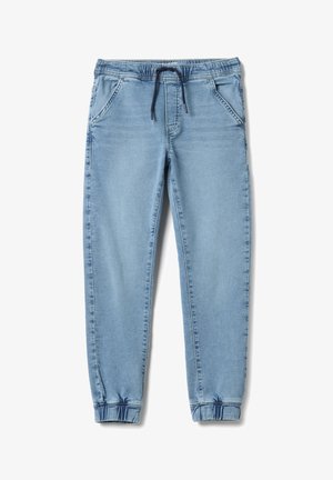 Hellblaue Jogginghose aus Denim mit elastischem Bund, Kordelzug, Seitentaschen und verjüngten Bündchen an den Knöcheln.