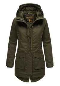 Olive green outer jacket with a hood, featuring zip and snap closures, two front pockets, and a soft lined interior.