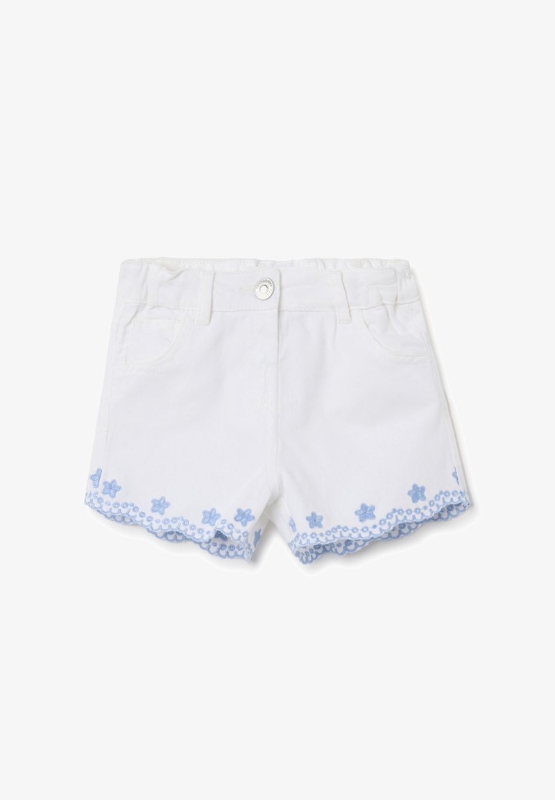 White denim shorts featuring a scalloped hem adorned with blue floral embroidery and small decorative accents. Two front pockets included.