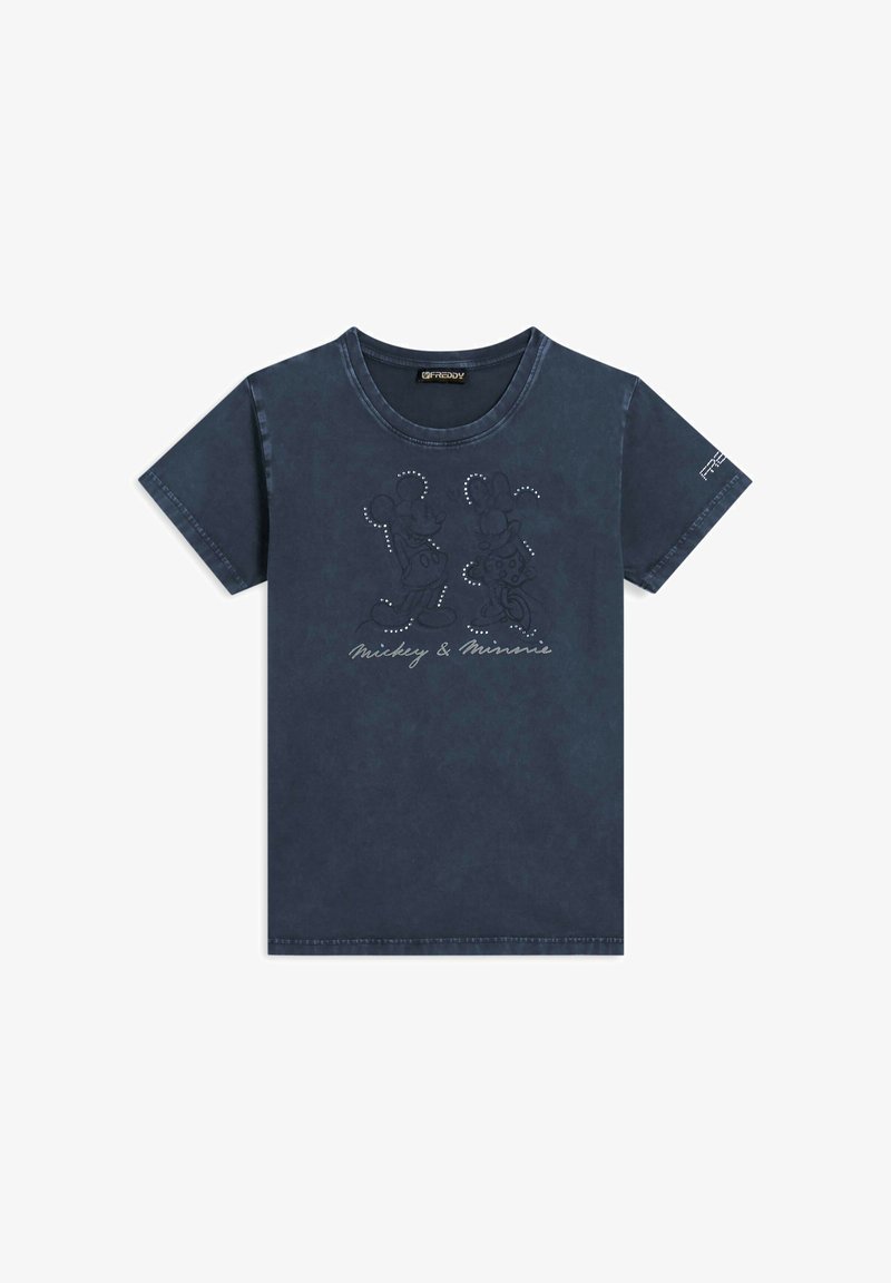 T-shirt bleu marine à manches courtes avec un graphique de Mickey et Minnie Mouse entouré et le texte "Mickey & Minnie" sur le devant.