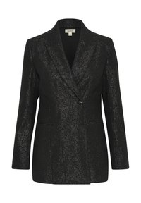 Fekete blézer fényes textúrával, egygombos záródással, éles hajtókákkal és két elülső zsebbel; testreszabott fazon és kifinomult dizájn.