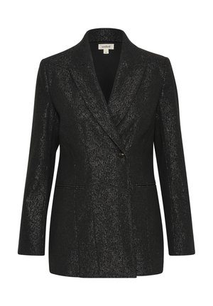 Sort blazer med metallisk tekstur, enkelt knaplukning, skarpe slag og to forlommer; skræddersyet pasform og sofistikeret design.