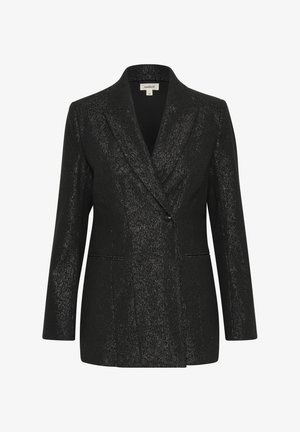 Black blazer with metallic texture, single-button closure, sharp lapels, and two front pockets; tailored fit and sophisticated design.