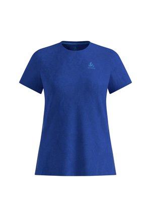 Blaues kurzärmeliges Sport-T-Shirt mit Rundhalsausschnitt und kleinem hellblauem Logo auf der linken Brust.