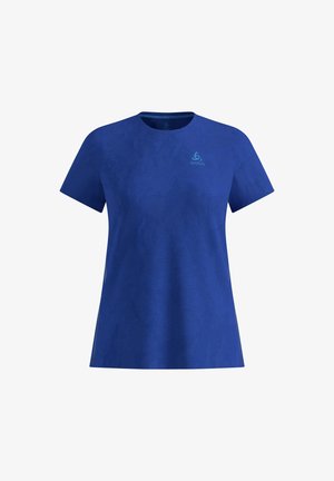 Blaues kurzärmeliges Sport-T-Shirt mit Rundhalsausschnitt und kleinem hellblauem Logo auf der linken Brust.