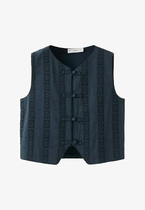 Granatowa kamizelka bez rękawów z pionowymi panelami z koronki i zapięciami na supełkowe guziki z przodu, z zaokrąglonym dekoltem.