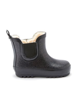 Botte de pluie en caoutchouc noire tachetée, montante à la cheville, avec un panneau latéral élastique et une doublure intérieure beige duveteuse, vue de côté extérieur.