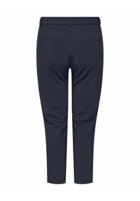 Tumši zili bikses ar sašaurinātu piegriezumu, kurām ir divas aizmugures kabatas un gluda tekstūra. Nav redzamu dekoratīvu elementu vai rakstu.