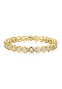 Zelta josla ar maiņojošiem apaļiem zelta pērl ītēm un caurspīdīgiem dārgakmeņiem, radot teksturētu un mirdzošu dizainu.