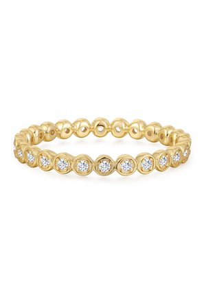 Anello a banda d'oro con perle circolari d'oro alternate a gemme trasparenti, creando un design testurizzato e scintillante.