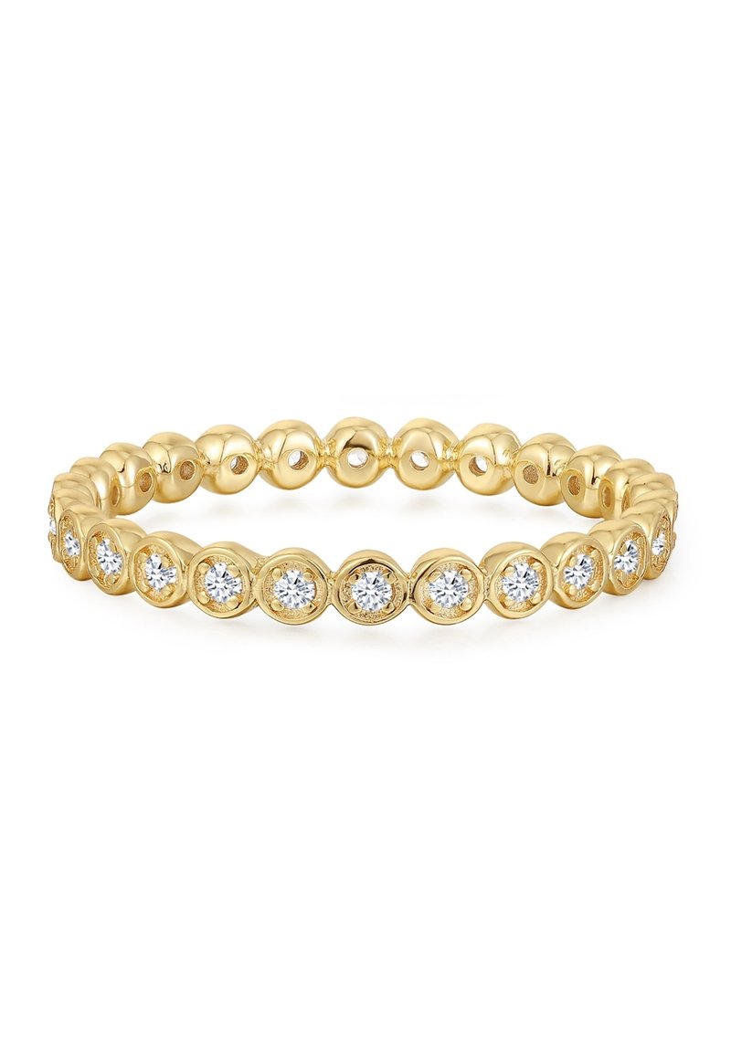 Zelta josla ar maiņojošiem apaļiem zelta pērlītēm un caurspīdīgiem dārgakmeņiem, radot teksturētu un mirdzošu dizainu.