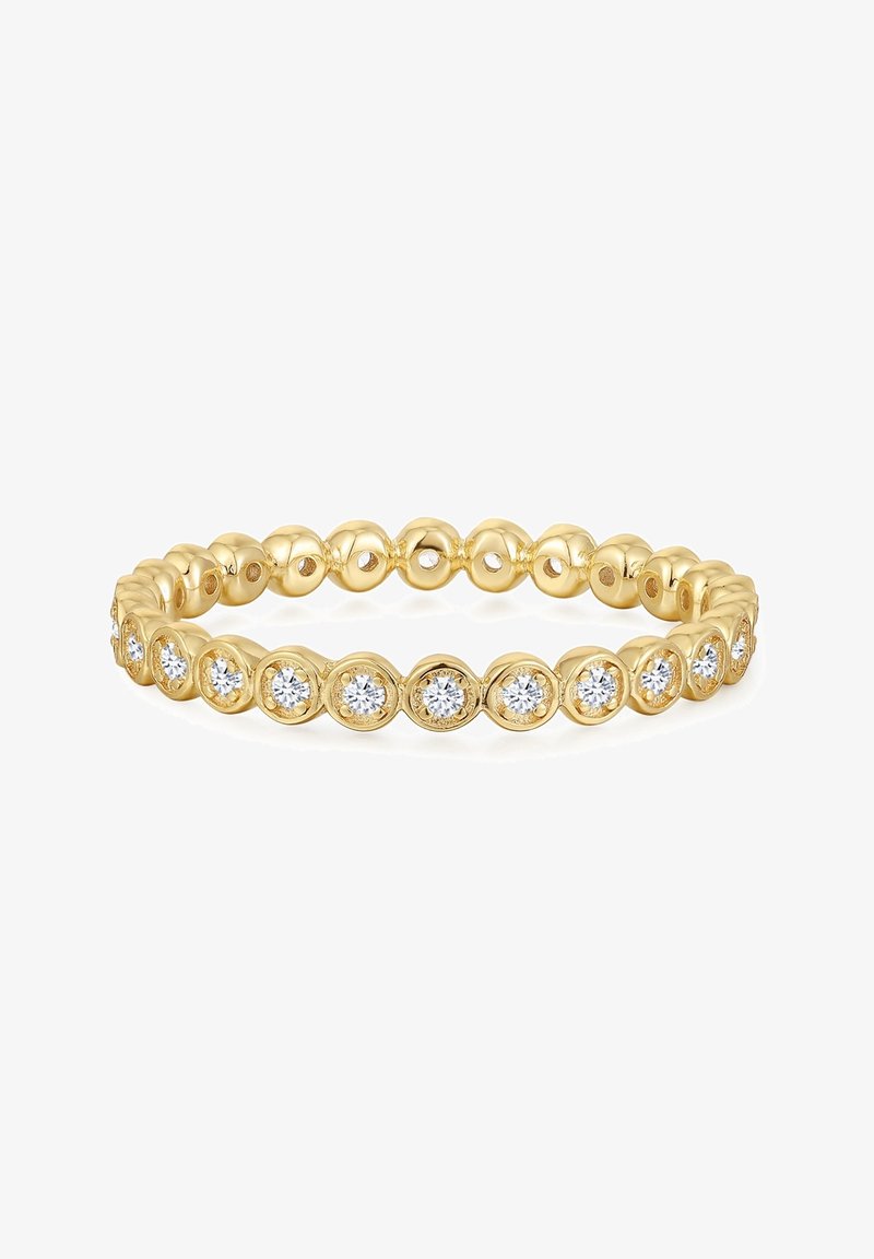 Gold band ring featuring alternating circular gold beads and clear gemstones, creating a textured and sparkling design.