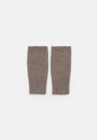 Bruine gebreide armbeschermers met een geribde textuur, voorzien van een nauw aansluitend ontwerp en afgewerkte randen voor een veilige pasvorm.