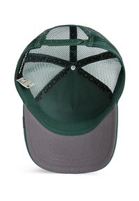 Cappellino da baseball con retro in rete verde scuro, visiera grigia, chiusura a scatto regolabile e etichetta del marchio all'interno. Design testurizzato e leggero.