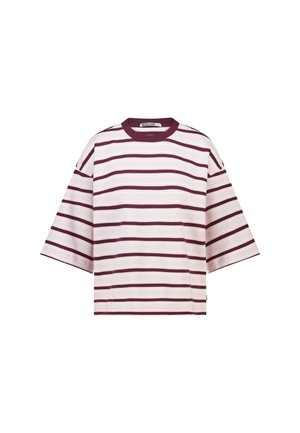 Short-sleeve striped T-shirt in light pink and burgundy. Features a round neckline and oversized fit with wide sleeves. Soft cotton material.