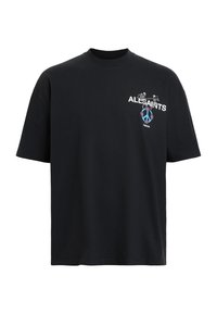 Sort bomulds T-shirt med rund hals, korte ærmer og et grafisk design med skeletter og teksten "ALLSAINTS" på forsiden af brystet.