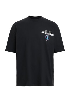 Black cotton t-shirt featuring a crew neck, short sleeves, and a graphic design with skeletons and text "ALLSAINTS" on the front chest.
