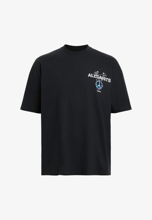 Black cotton t-shirt featuring a crew neck, short sleeves, and a graphic design with skeletons and text "ALLSAINTS" on the front chest.