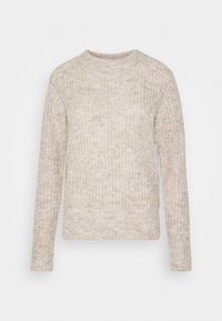 Pull beige en maille côtelée avec manches longues et col rond, présenté sur un fond blanc uni.