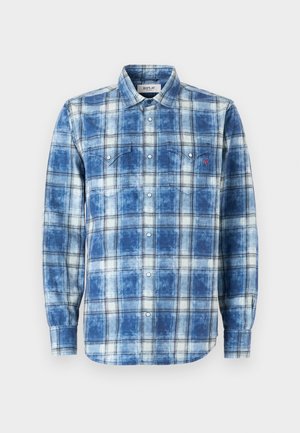 Blue plaid button-up shirt with long sleeves, featuring a distressed texture, two chest pockets, and a small red logo.