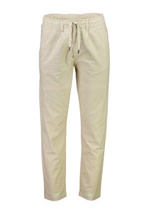 Pantalones tejidos de color beige claro, con cintura elástica y cordón. Presentan un diseño de pierna cónica y una textura sutil. Sin bolsillos visibles.
