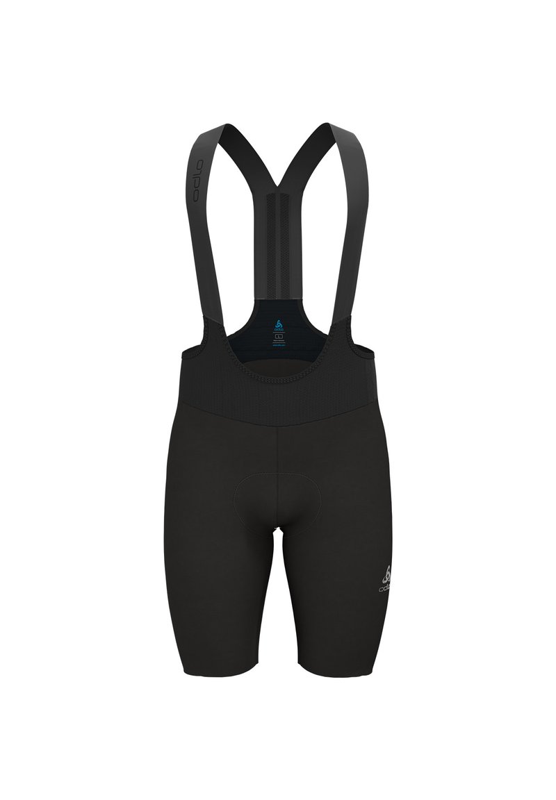 Sorte sykkel-bibshorts laget av elastisk materiale, med justerbare skulderstropper og polstret sete for komfort.