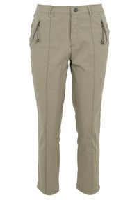 Pantalon beige slim fit avec bouton devant, fermeture éclair, passants pour ceinture et poches latérales zippées, coupé à la cheville.
