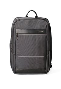 Sac à dos en tissu gris avec une surface texturée, doté d'une poche zippée à l'avant, d'une poche latérale et d'une poignée supérieure robuste.