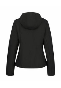 Zwarte jas met een capuchon, met een slim fit ontwerp, lange mouwen en een soepele stoftextuur. Geen zichtbare logo's of patronen.