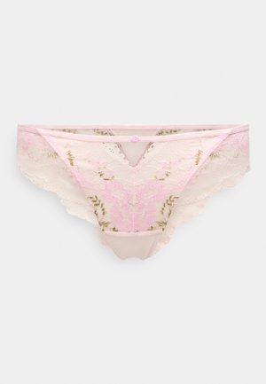 Spitzenhöschen in hellrosa und beige, mit floralen Mustern in Gold und Rosa. Geschwungene Kanten und ein kleines Rosenakzent vorne.