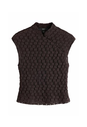 Ärmelloses dunkelbraunes strukturiertes Stricktop mit hohem Kragen und diagonaler Knopfleiste vorne oben.