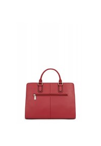 Borsa a mano in pelle rossa con un design strutturato, doppi manici e una tasca con cerniera sul retro. Presenta cuciture a contrasto e accessori in metallo.