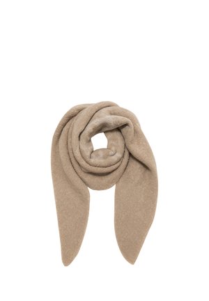 Soft beige scarf folded in a loose knot with long tapered ends against a white background.