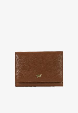 Portafoglio in pelle marrone con finitura testurizzata, forma rettangolare e dettaglio del logo in oro. Presenta una chiusura a scatto e diversi scomparti per schede all'interno.