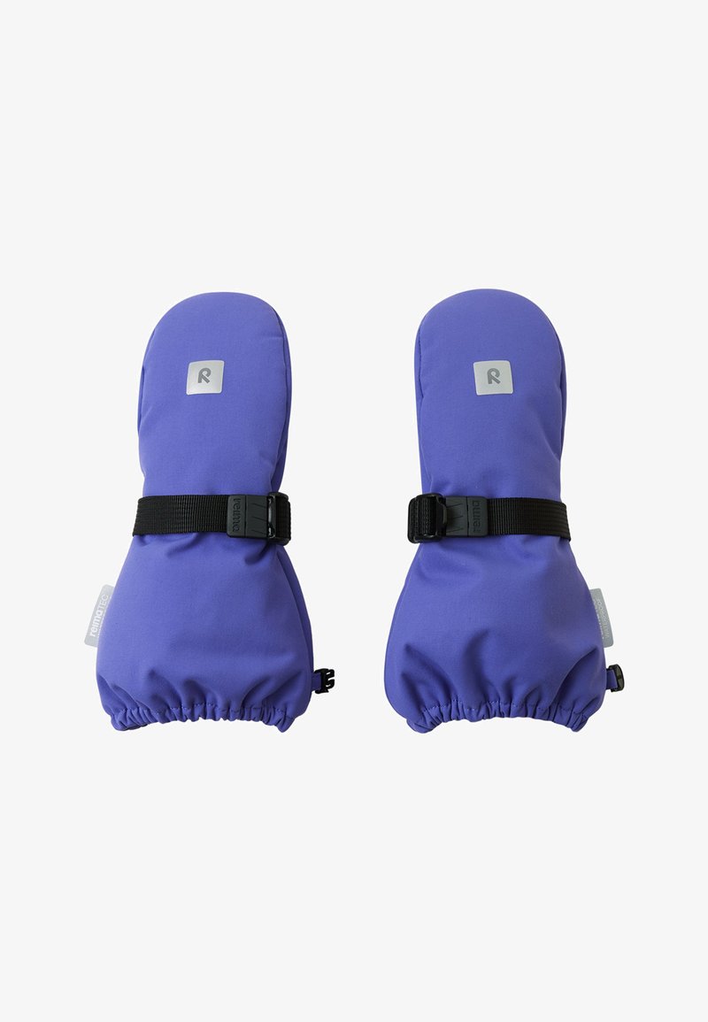 Mitaine isolante violette avec des poignets élastiques, des sangles réglables et un patch logo argenté sur le devant. Texture de tissu lisse.