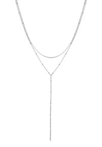 Srebrny wielowarstwowy naszyjnik z gładkim łańcuchem, z centralnym kluczowym elementem, który rozciąga się z małymi okrągłymi akcentami wzdłuż długości.