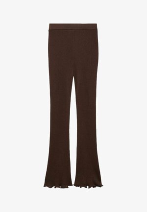 Leggings maro cu nervuri și tivuri evazate, dintr-un material tricotat elastic, cu talie largă și o textură netedă. Potrivite pentru ținute casual.