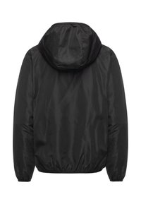 Black hooded jacket with elastic cuffs and hem, featuring a smooth, lightweight material and a simple, minimalist design.