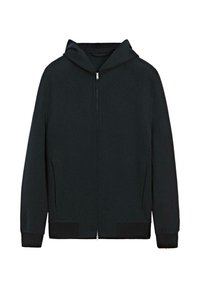 Zwarte zip-up hoodie met lange mouwen, voorzakken en ribbelboorden aan de mouwen en onderkant.