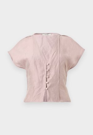 Soft pink short-sleeve blouse with a deep V-neck, five fabric-covered buttons down the front, and a slightly fitted waist.