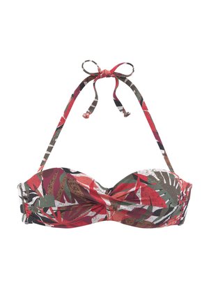 Bandeau bikini top met een gedraaide voorkant, voorzien van een tropisch bladerenpatroon in rood, groen en wit, met verstelbare strikbanden.
