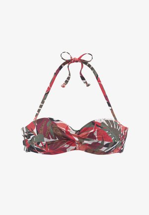 Bikini top typu bandeau z przekręconym przodem, w tropikalny wzór liści w kolorach czerwonym, zielonym i białym, z regulowanymi, wiązanymi ramiączkami.