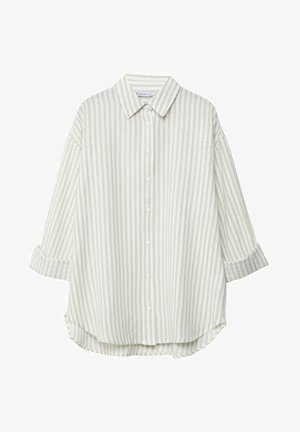 Camicia a righe in beige chiaro e bianco, con colletto, maniche lunghe con risvolto e orlo curvo.