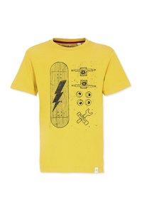 Keltainen puuvillapaita, jossa on musta graafinen kuva skeittilaudasta, salaman iskusta, pyöristä ja työkaluista. Paidassa on sileä pinta ja pyöreä kaula-aukko.