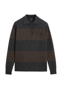 Szary i brązowy w paski długi rękaw polo sweter. Posiada kołnierzyk, trzy guziki na listwie oraz kieszonkę na piersi z detalem w postaci guzika.