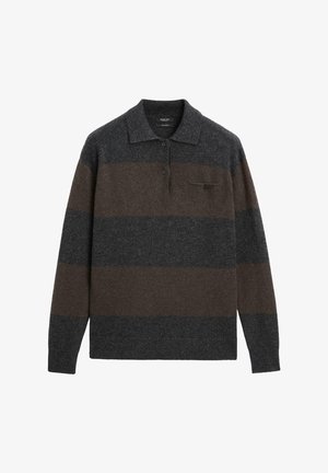 Grau- und braun gestreifter Langarm-Polo-Pullover. Mit Kragen, einer Drei-Knopf-Leiste und einer Brusttasche mit Knopfdetail.