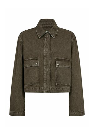 Cropped denim jacket in olive green with a pointed collar, front button closure, and two chest pockets. Features a textured fabric.